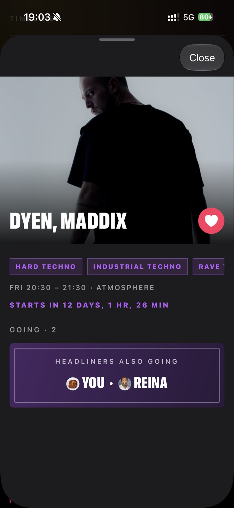 Artist detail with genres, set time, and friends going