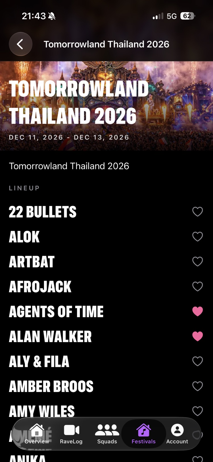Full festival lineup with favorited artists