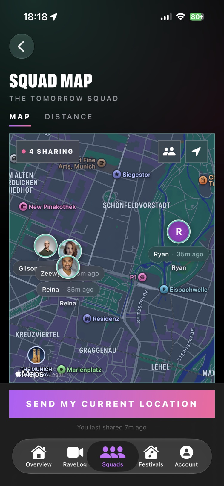 Squad map showing where your friends are on the festival grounds