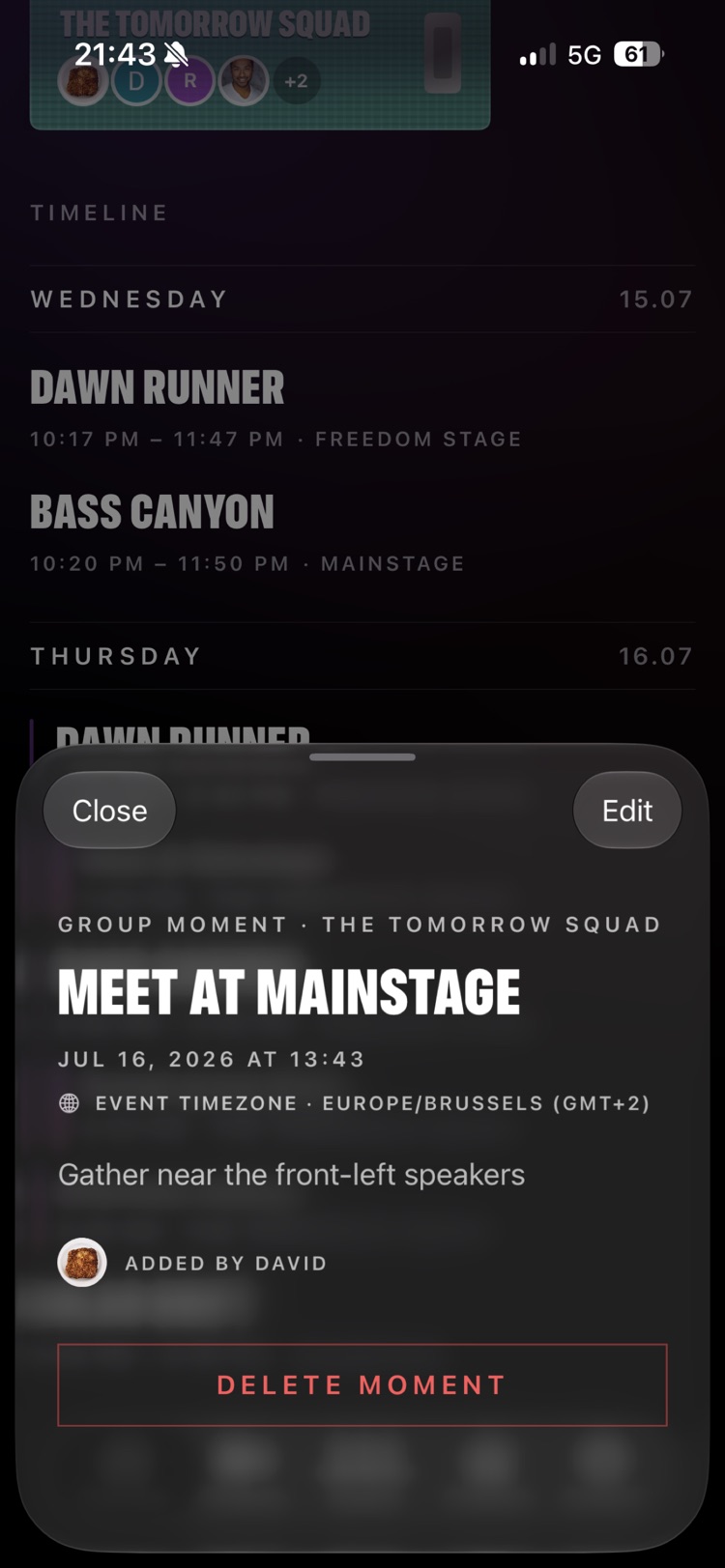 Group moment detail for meetups planned with your squad