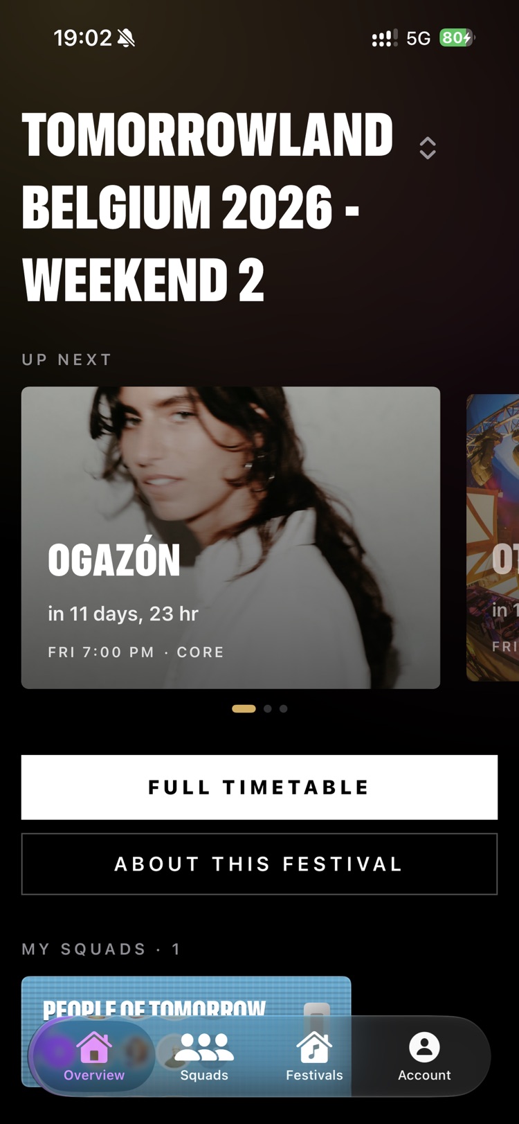 Home screen showing your next festival and upcoming sets