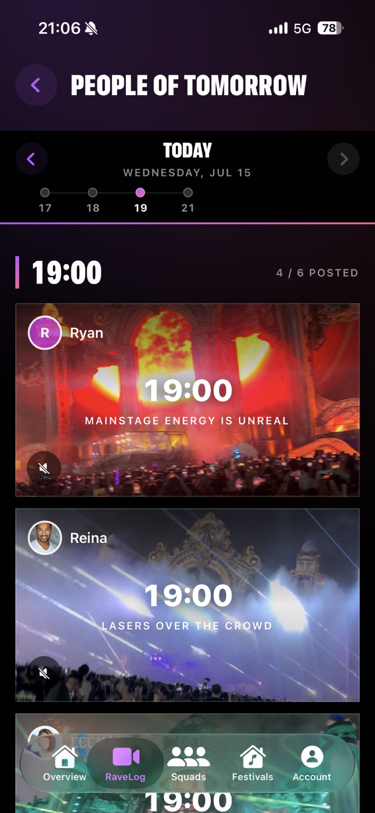 RaveLog feed of photos and moments shared by your squad