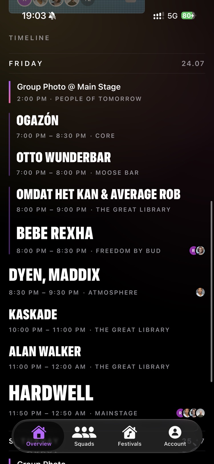 Your personal day schedule of sets and group moments
