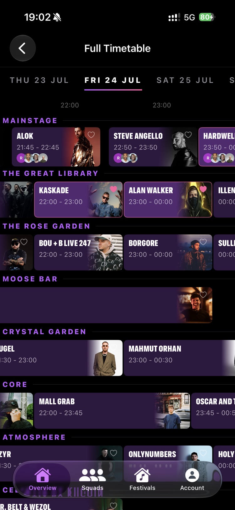 Full festival timetable with favorited artists